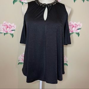 Jenifer Lopez Cold Shoulder Top Beaded Collar. -P-44